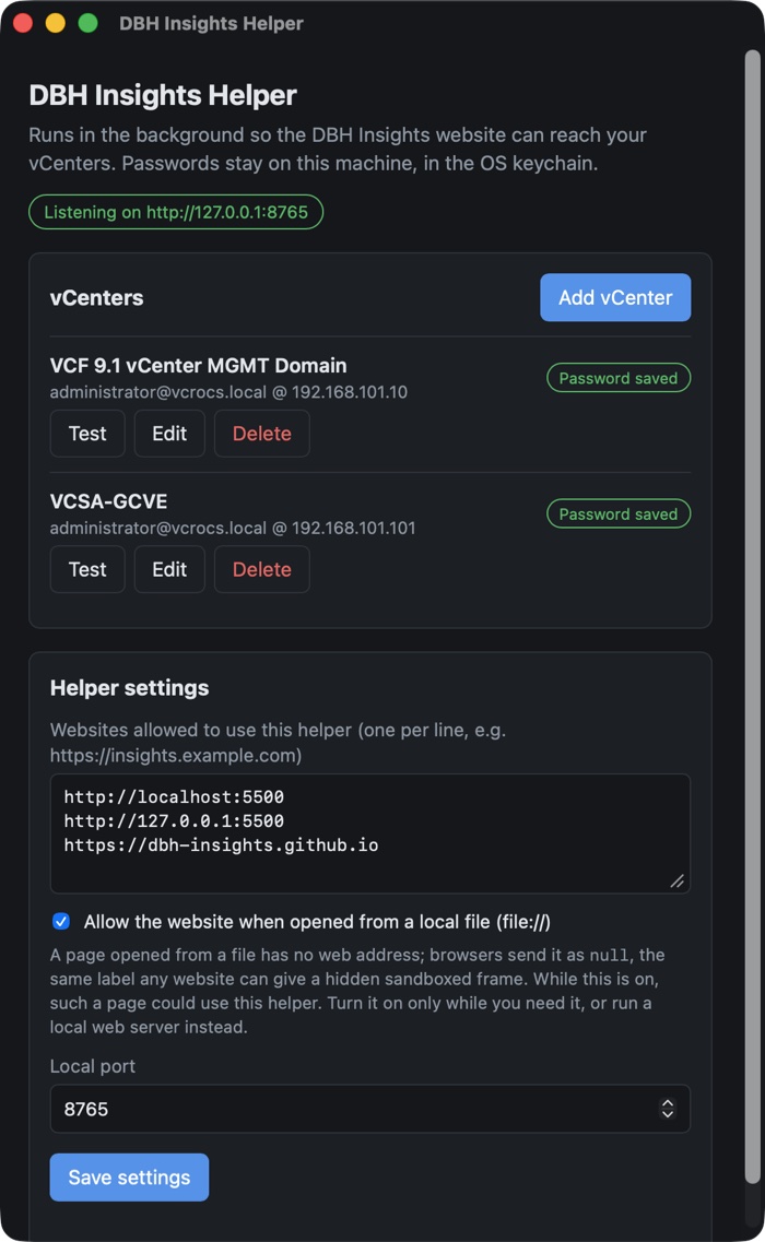 The DBH Insights Helper window listing two vCenters with Test, Edit and Delete buttons, the websites allowed to use it, and the local port